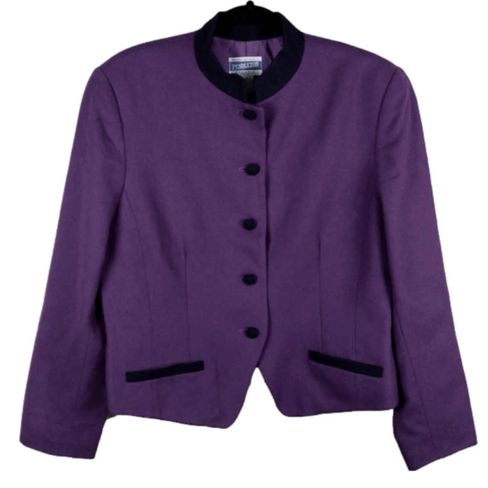 Pendleton Classic Wool Purple Mandarin Collar Button Front Long Sleeve Blazer